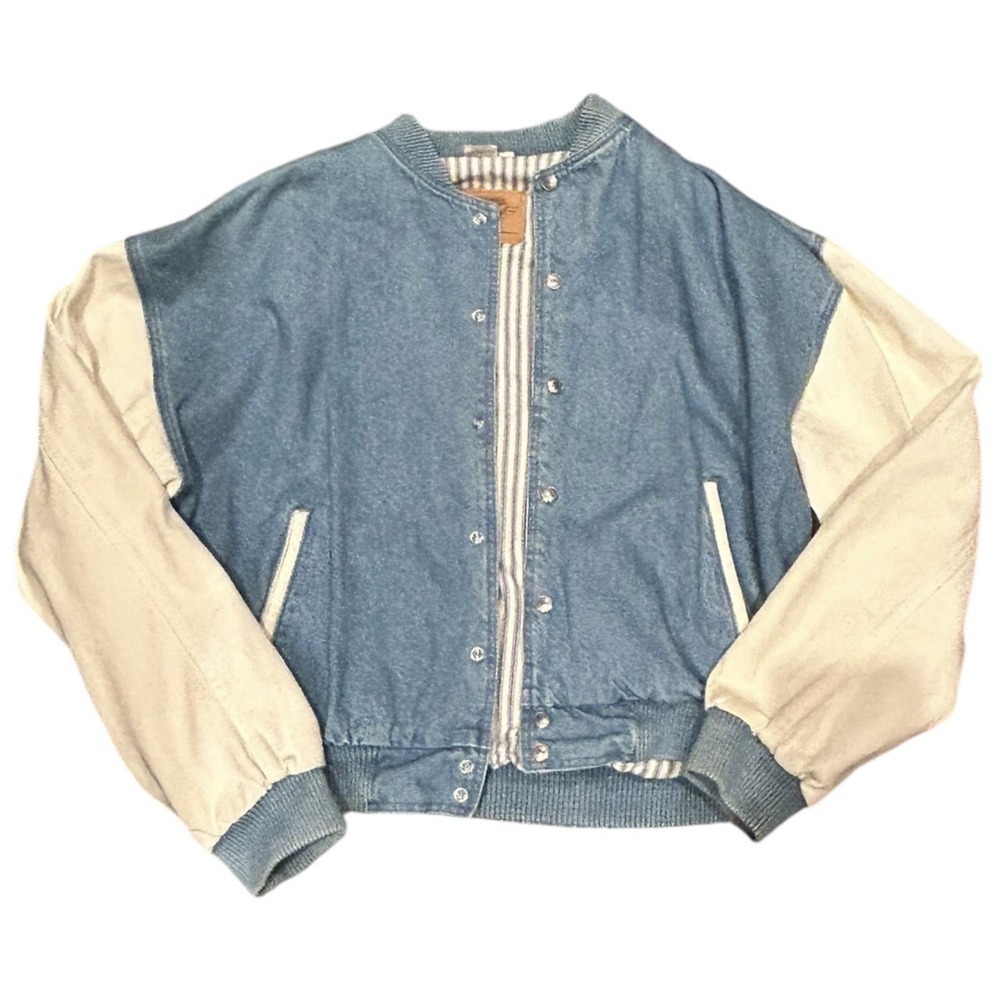 Vintage International Denim Varsity Bomber Jacket Mens L Blue Cream Canada